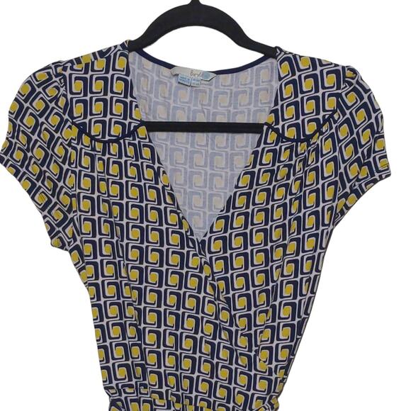 Boden Evangeline Jersey Summer Wrap Dress Yellow Navy Geometric V Neck 6R - Picture 2 of 8